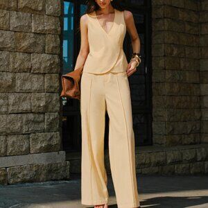 Cotton & Linen Wrap Top With Pants Set